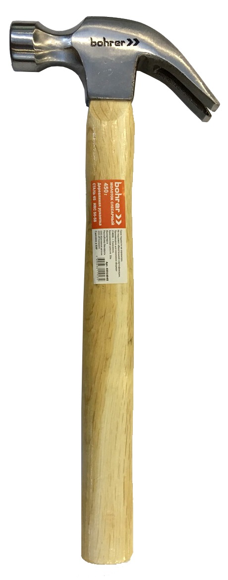 Молоток-гвоздодер  450гр, с деревянной ручкой, сталь 45HRC50-58, круглый боек Bohrer (6/36)