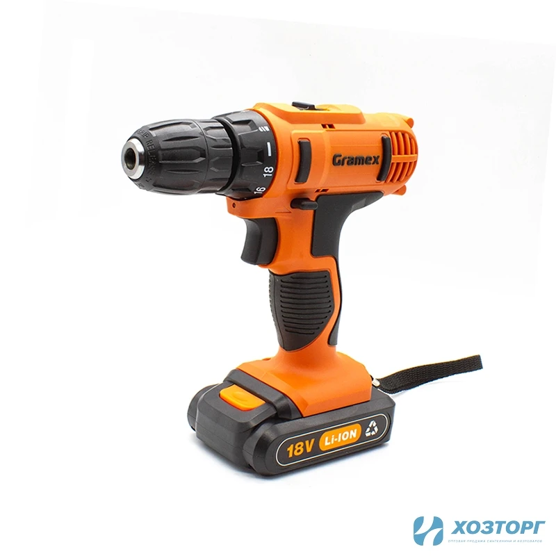 Дрель аккумуляторная Gramex HCD-18-2L (18В, пат-10мм, 2 скорости, аккум Li-Ion 2,0 А/ч) кейс, 2 акк (1/5)