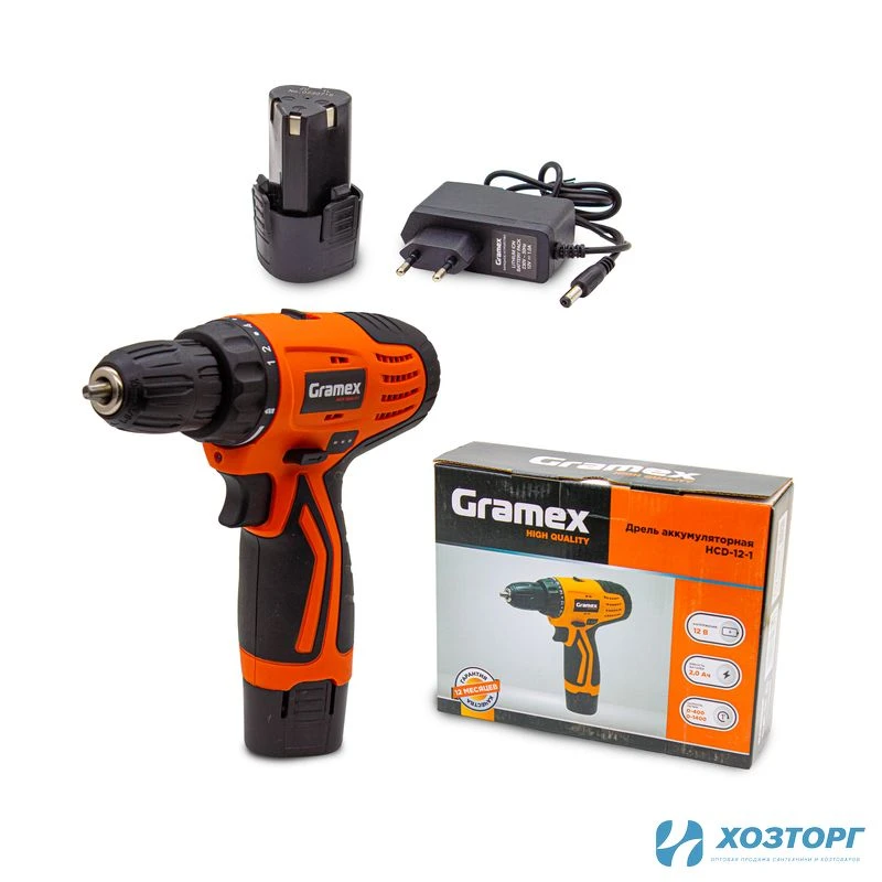 Дрель аккумуляторная Gramex HCD-12-1 (12В, пат-10мм, 2 скорости, аккум Li-Ion 2,0 А/ч) картон, 1 акк (1/20)