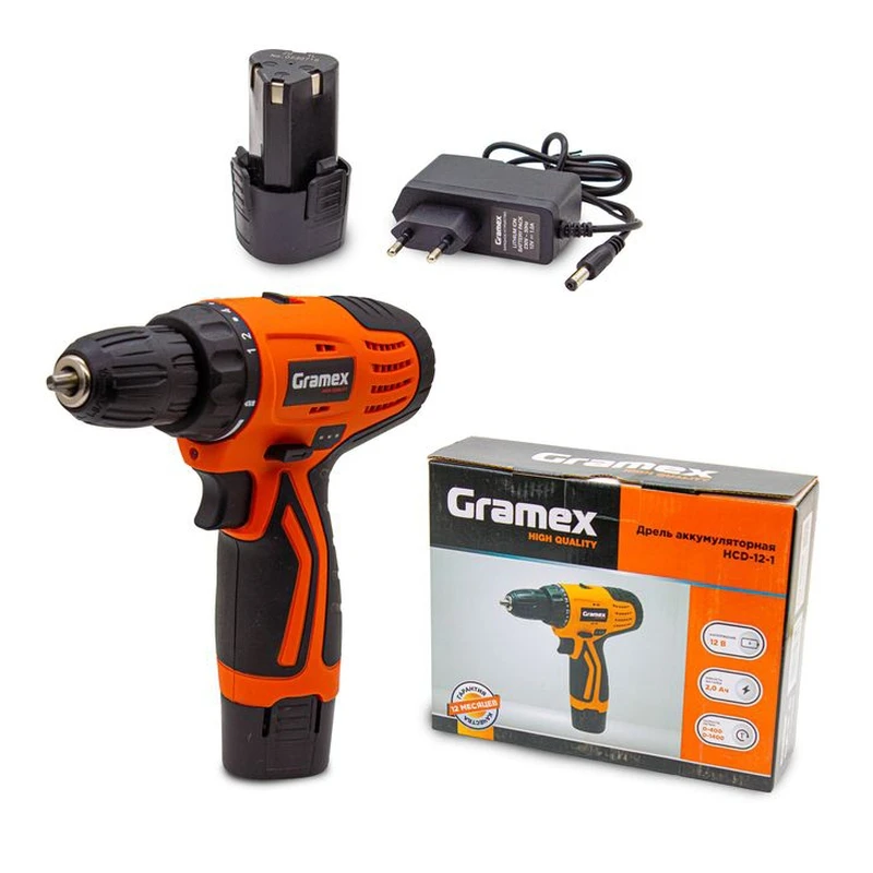  Дрель аккумуляторная Gramex HCD-12-1 (12В, пат-10мм, 2 скорости, аккум Li-Ion 2,0 А/ч) картон, 1 акк (1/20)
