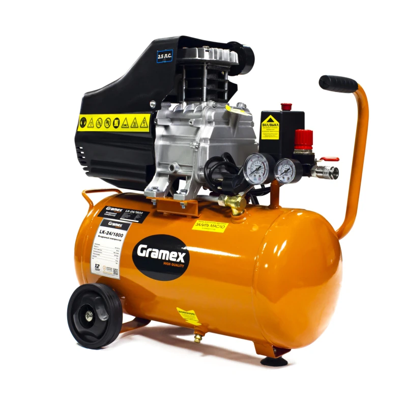 Воздушный компрессор GRAMEX LK 24-1800 (238л/мин,объем24л,1,8кВт,8бар,2850об/мин) (1/12)