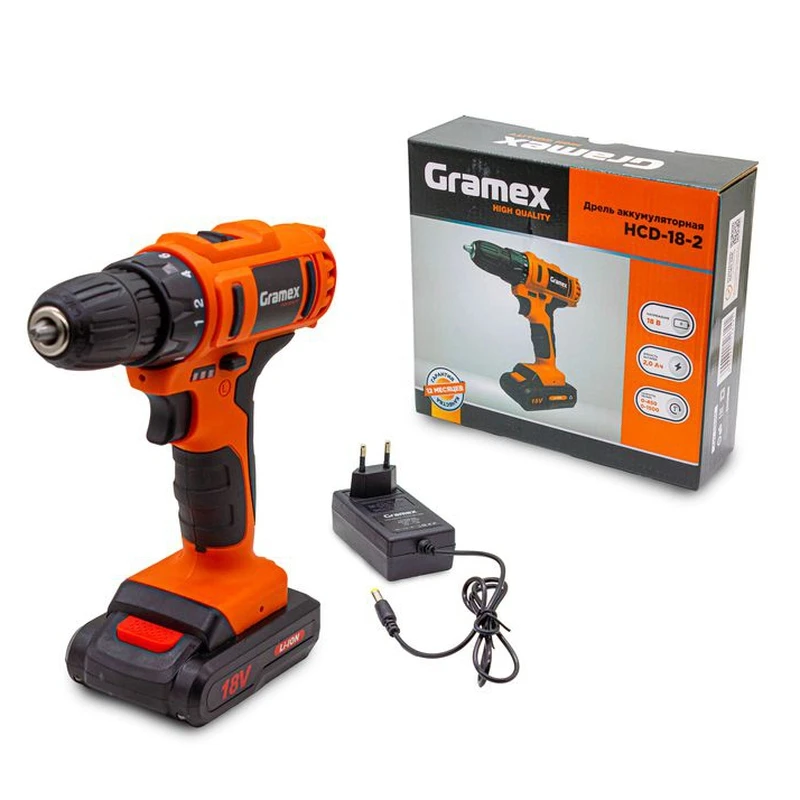  Дрель аккумуляторная Gramex HCD-18-2 (18В, пат-10мм, 2 скорости, аккум Li-Ion 2,0 А/ч) картон, 1 акк (1/10)