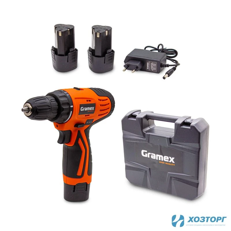 Дрель аккумуляторная Gramex HCD-12-2 (12В, пат-10мм, 2 скорости, аккум Li-Ion 2,0 А/ч) кейс, 2 акк (1/10)