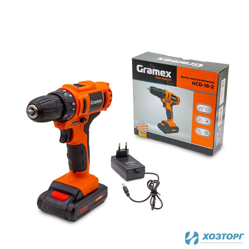 Дрель аккумуляторная Gramex HCD-18-2 (18В, пат-10мм, 2 скорости, аккум Li-Ion 2,0 А/ч) картон, 1 акк (1/10)
