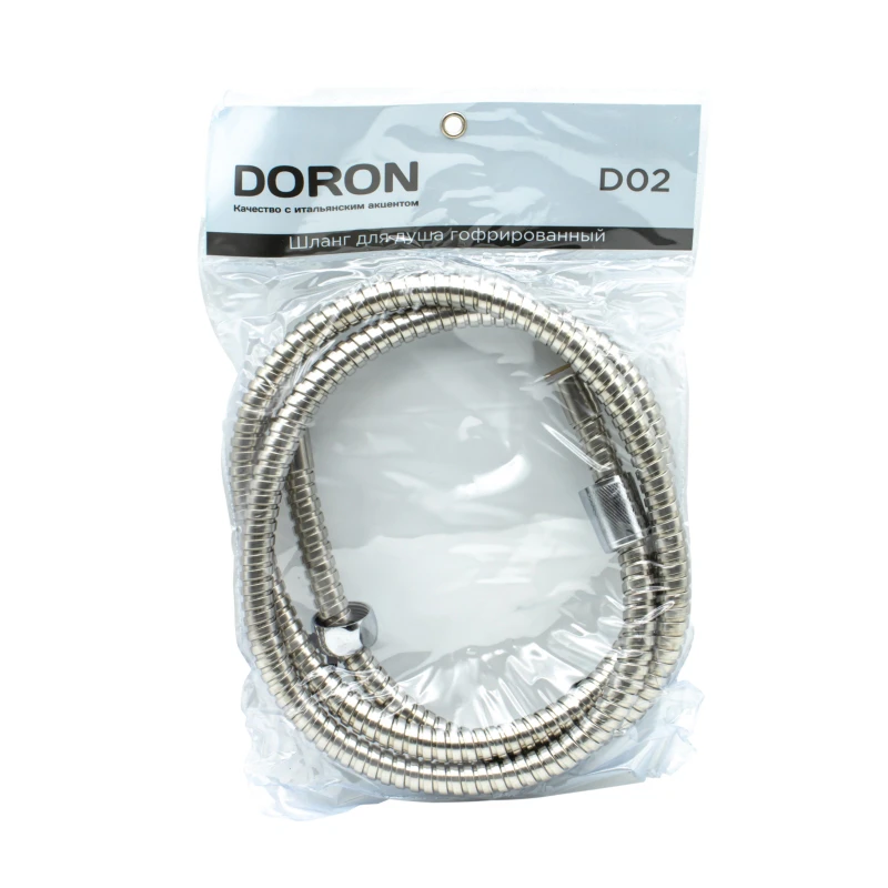 Шланг д/душа DORON D02, 150 см, оплетка: нерж. сталь, (рус/имп), пакет (1/100/1 200)