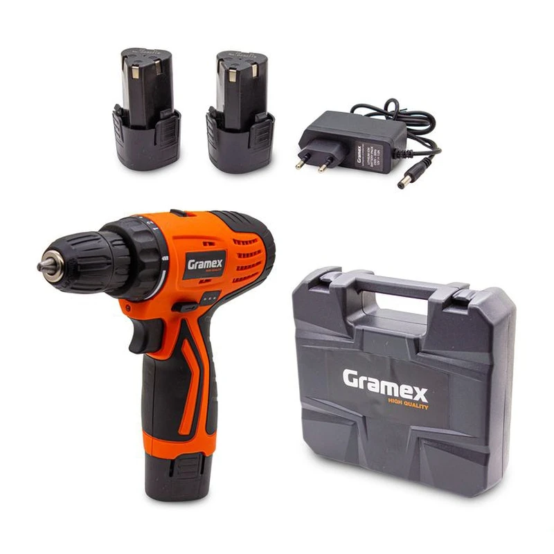 Дрель аккумуляторная Gramex HCD-12-2 (12В, пат-10мм, 2 скорости, аккум Li-Ion 2,0 А/ч) кейс, 2 акк (1/10)