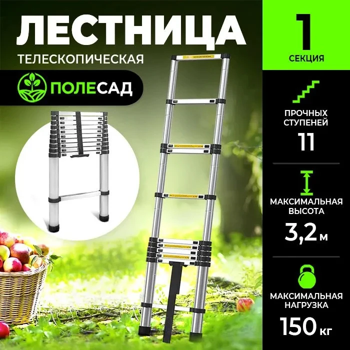 Телескопическая лестница из стали ПОЛЕСАД Стандарт 3,2 м, масса 10 кг, нагрузка до 150 к,11 ступеней (1/1)