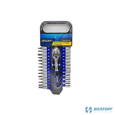 Набор головок бит +трещетка 1/4", 27 предметов пластиковый подвес ВАРЯГ НГ-27 (1/20)