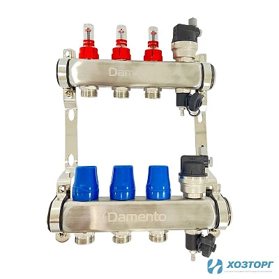 Коллекторная группа  1", 3 хода, из нержавеющей стали "КВАДРАТ" с расходомерами Damento Clima DCSS3 (1/3)