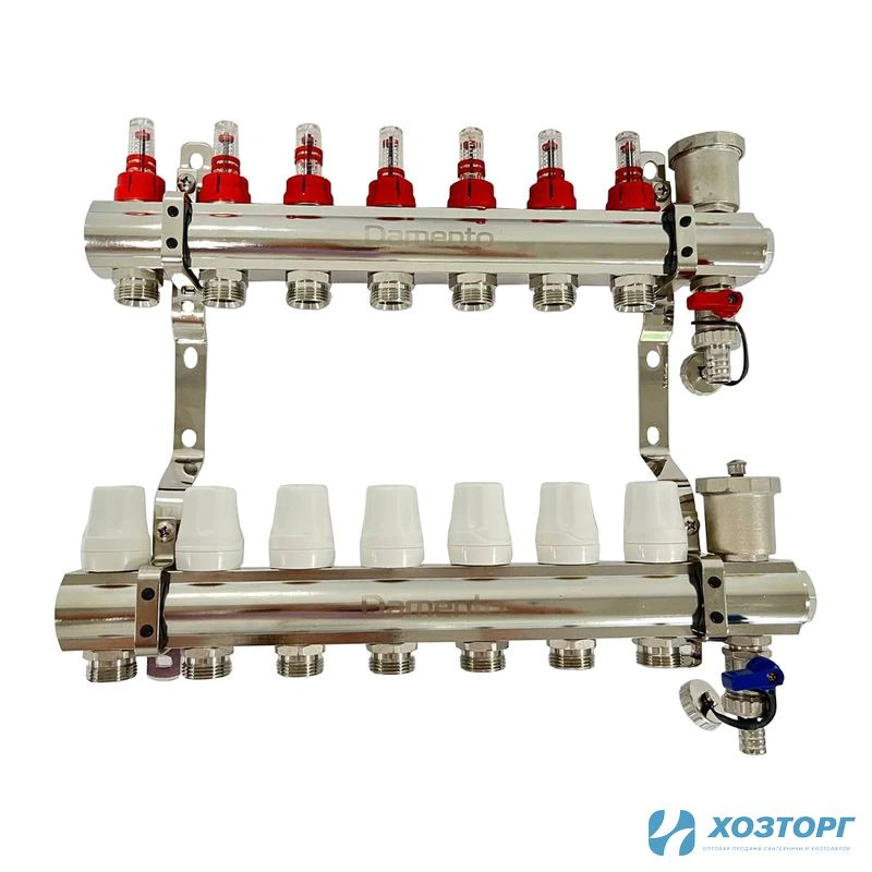 Коллекторная группа  1", 7 ходов, латунный корпус с расходомерами Damento Clima DC7 (1/3)