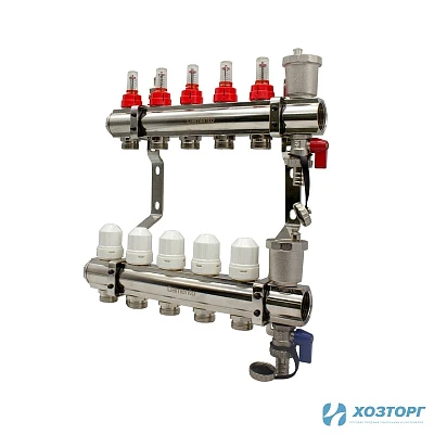Коллекторная группа  1", 5 ходов, латунный корпус с расходомерами Damento Clima DC5 (1/3)