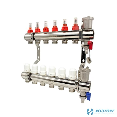 Коллекторная группа  1", 6 ходов, латунный корпус с расходомерами Damento Clima DC6 (1/3)