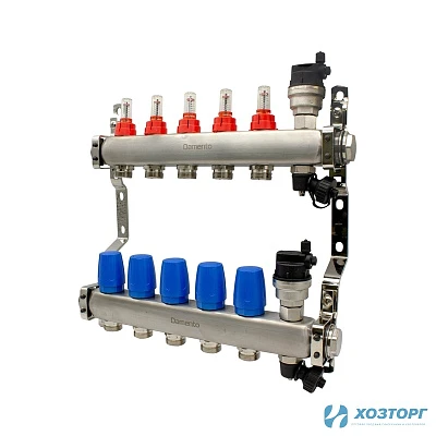 Коллекторная группа  1", 5 ходов, из нержавеющей стали "КВАДРАТ" с расходомерами Damento Clima DCSS5 (1/3)