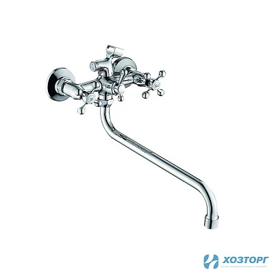 Смеситель д/ванны CRON 2211-2 1/2 керамика, хром, излив изогнутый, шаровый перек.душа (1/10)