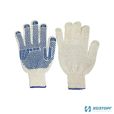 Перчатки ХБ с ПВХ 7,5 класс 5-нитка Белые синяя точка цена за пару(10/300)