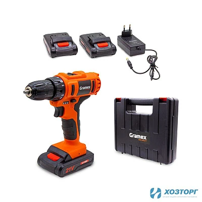 Дрель аккумуляторная Gramex HCD-21-2 (21В, пат-10мм, 2 скорости, аккум Li-Ion 2,0 А/ч) кейс, 2 акк (1/10)