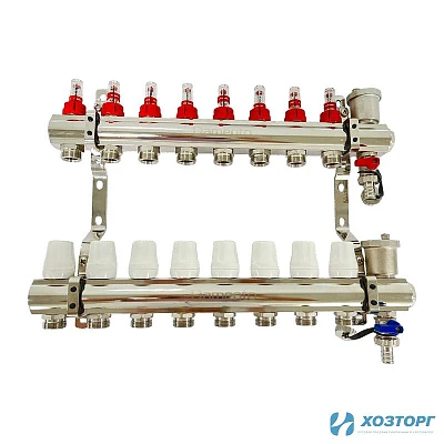 Коллекторная группа  1", 8 ходов, латунный корпус с расходомерами Damento Clima DC8 (1/3)